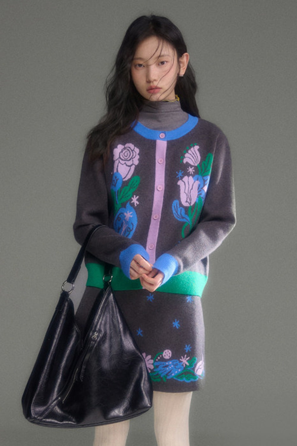 Nightingale Rose Bird Jacquard Knit Cardigan Vest and Skirt Set-Up