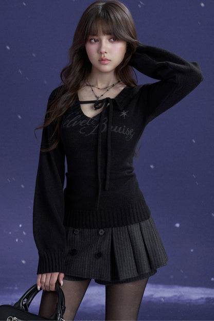 Schwarz-violetter Pullover mit V-Ausschnitt und Bindeband