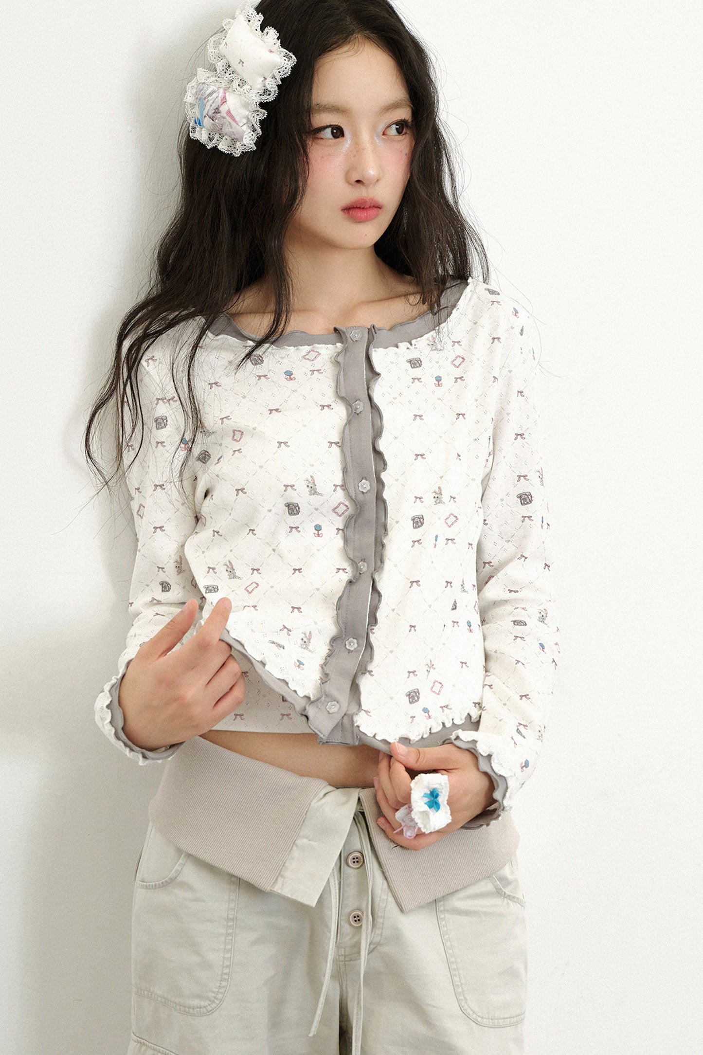 Cardigan in maglia a maniche lunghe con stampa bicolore