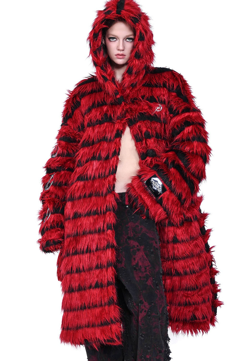 Oversized Silhouette Black Red Fur Coat
