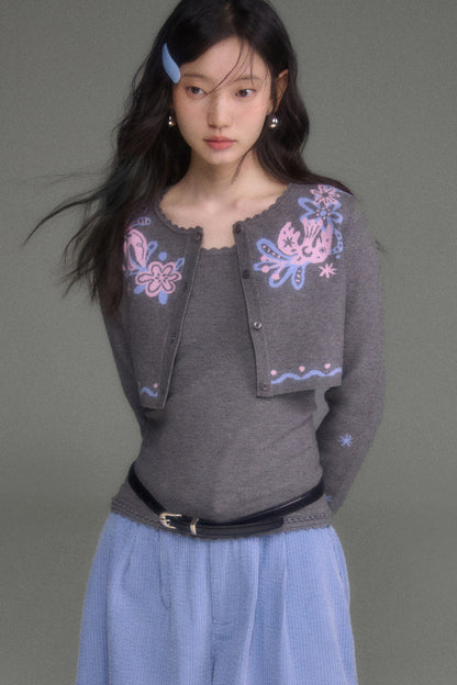 Hawthorn And Birds Jacquard Knit Cardigan And Top Set