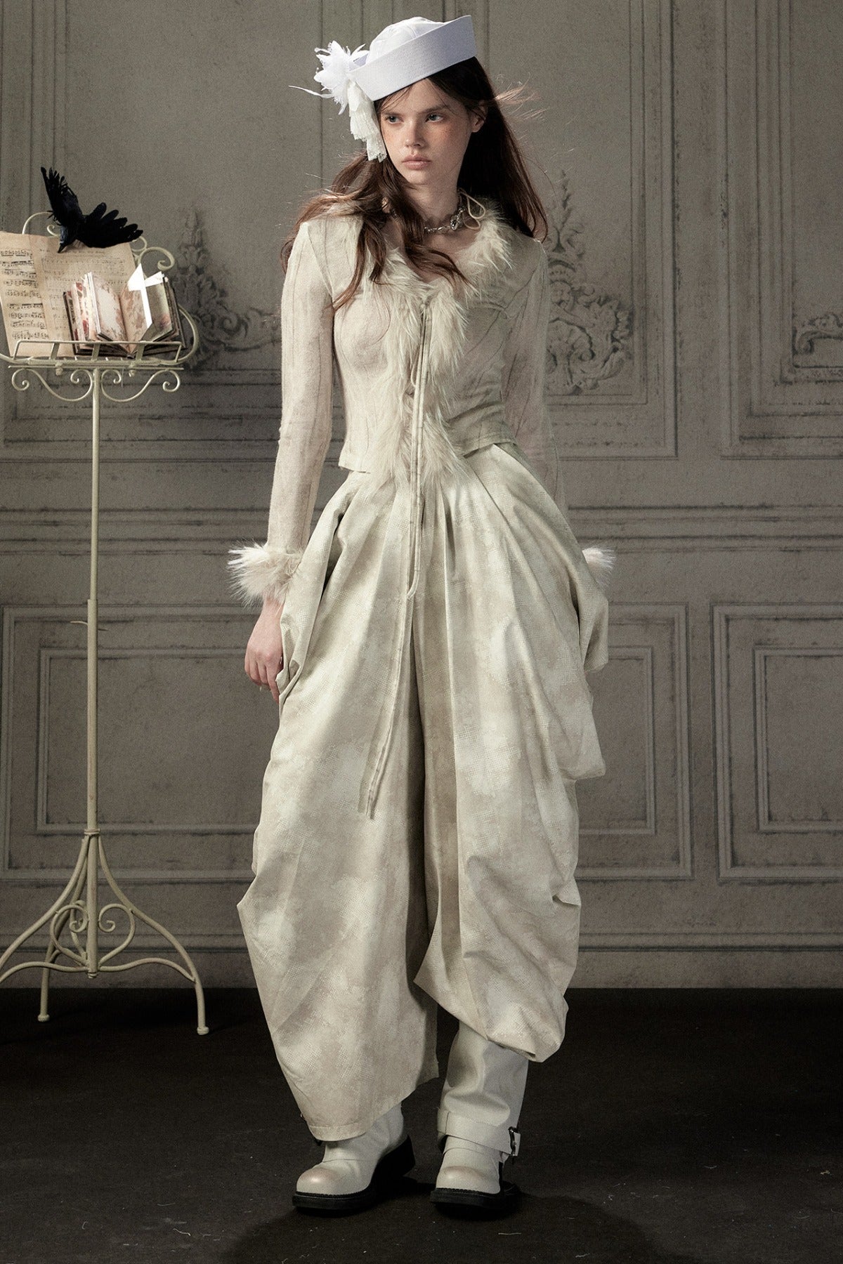 Beige Asymmetrical Stacked Long Pants
