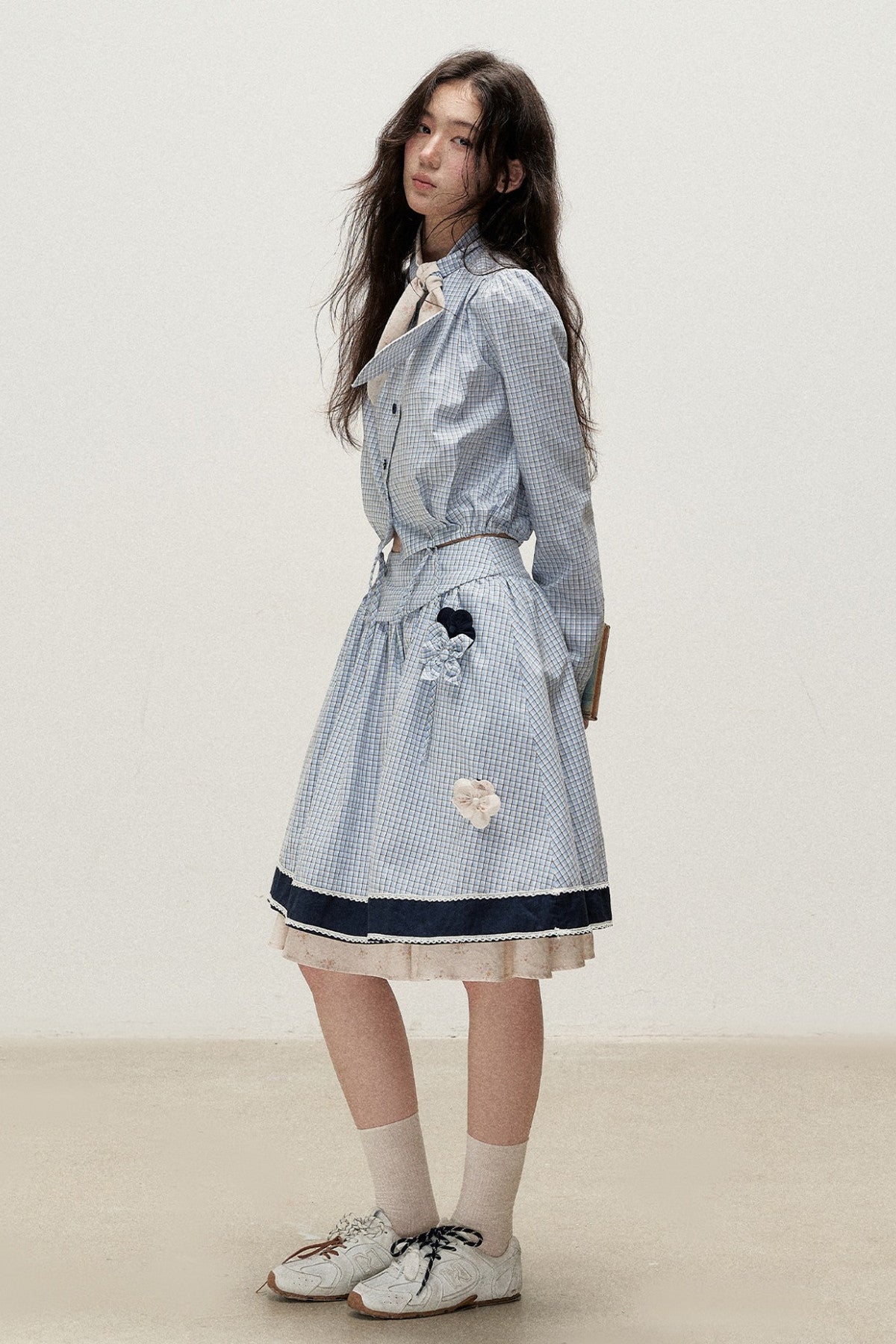 Plaid Contrast Ribbon Shirt and Skirt Set-Up