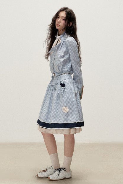 Plaid Contrast Ribbon Shirt and Skirt Set-Up