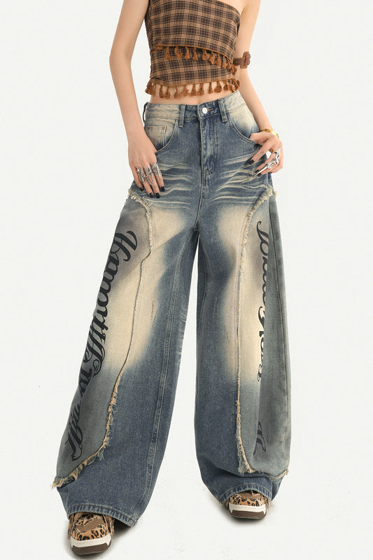 High-Waisted Letter Print Scimitar Wide-Leg Jeans