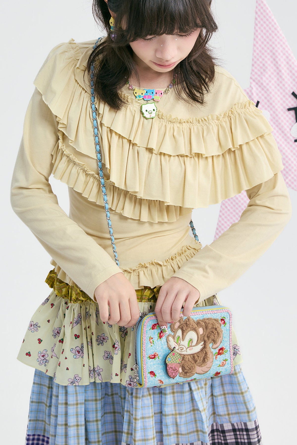 Blue Plush Squirrel Embroidered Floral Crossbody Bag