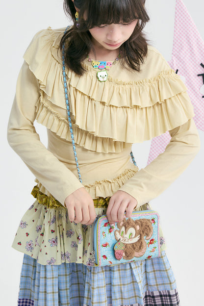 Blue Plush Squirrel Embroidered Floral Crossbody Bag