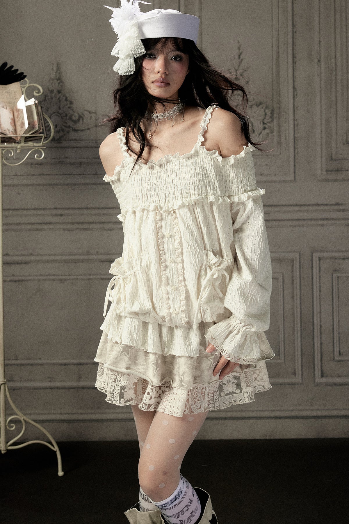 Beige Lace Off-Shoulder Dress