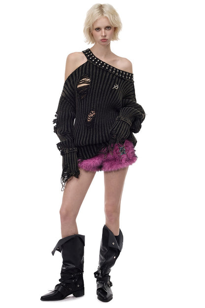 Black Metal Rivet Distressed Sweater