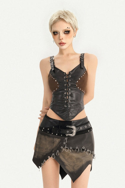 Dark Punk Leather Vest and Skirt Set-Up