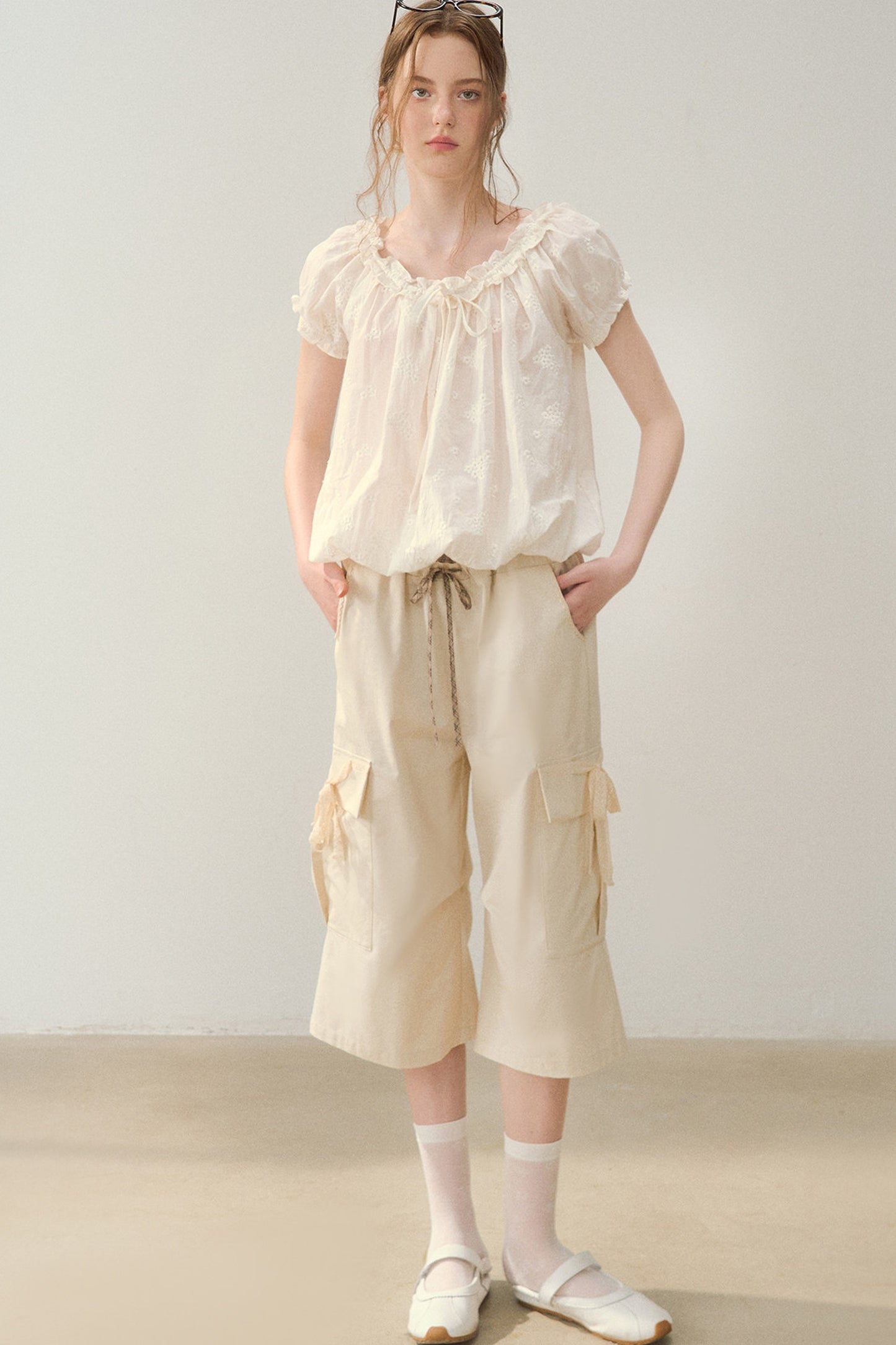 Double-Waisted Beige Cargo Pants