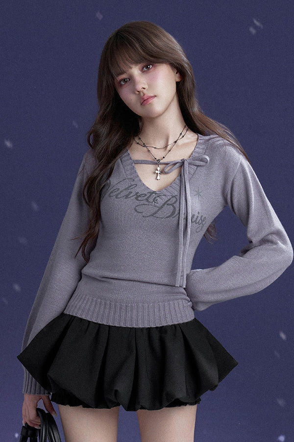 Black Purple V-Neck Tie-Up Sweater