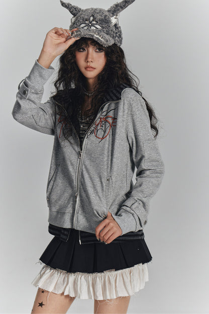Striped Embroidered Knit Hooded Jacket