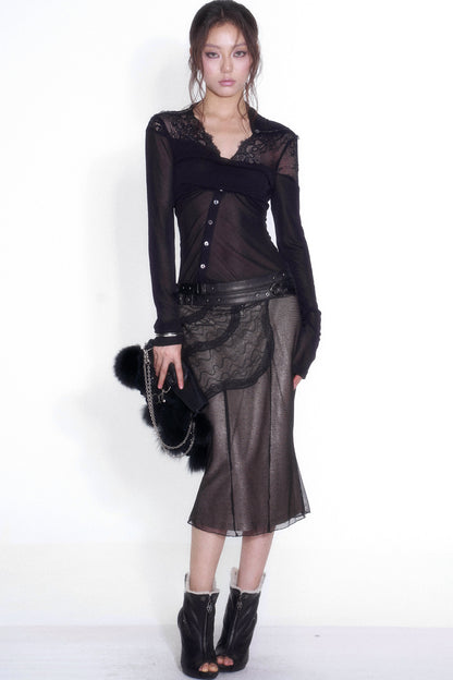 Asymmetrical Lace Overlay Rivet Belt Mesh Skirt