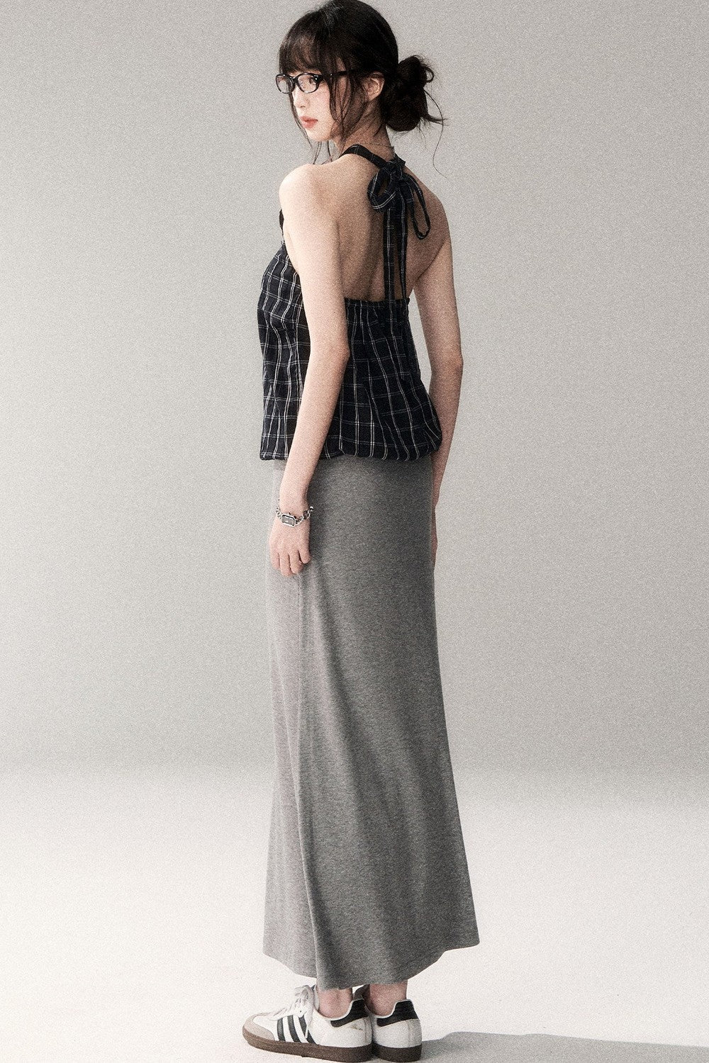 Textured Cotton Plaid Halter Camisole