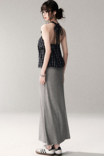Textured Cotton Plaid Halter Camisole