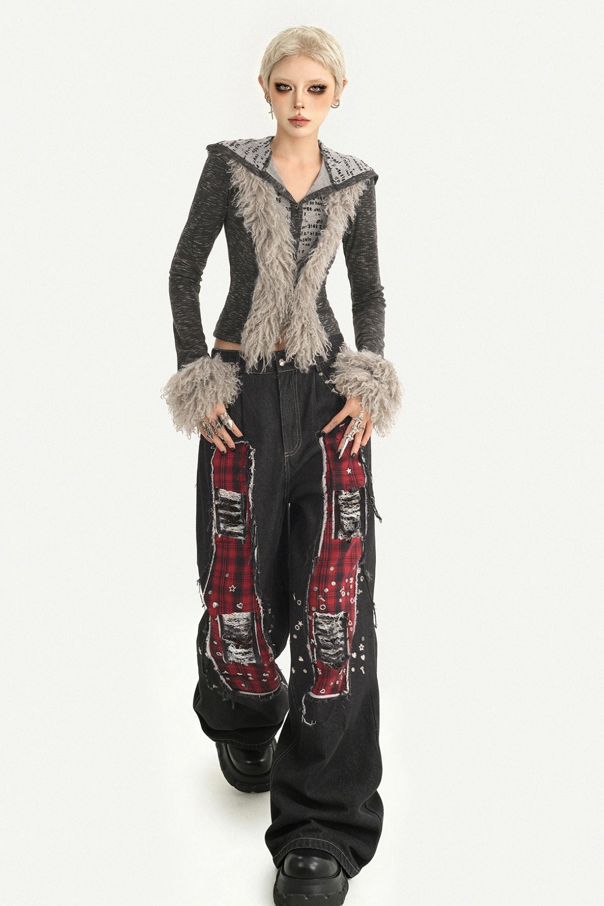 Black Red Plaid Punk Jeans