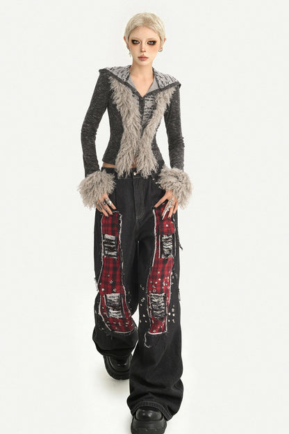 Black Red Plaid Punk Jeans