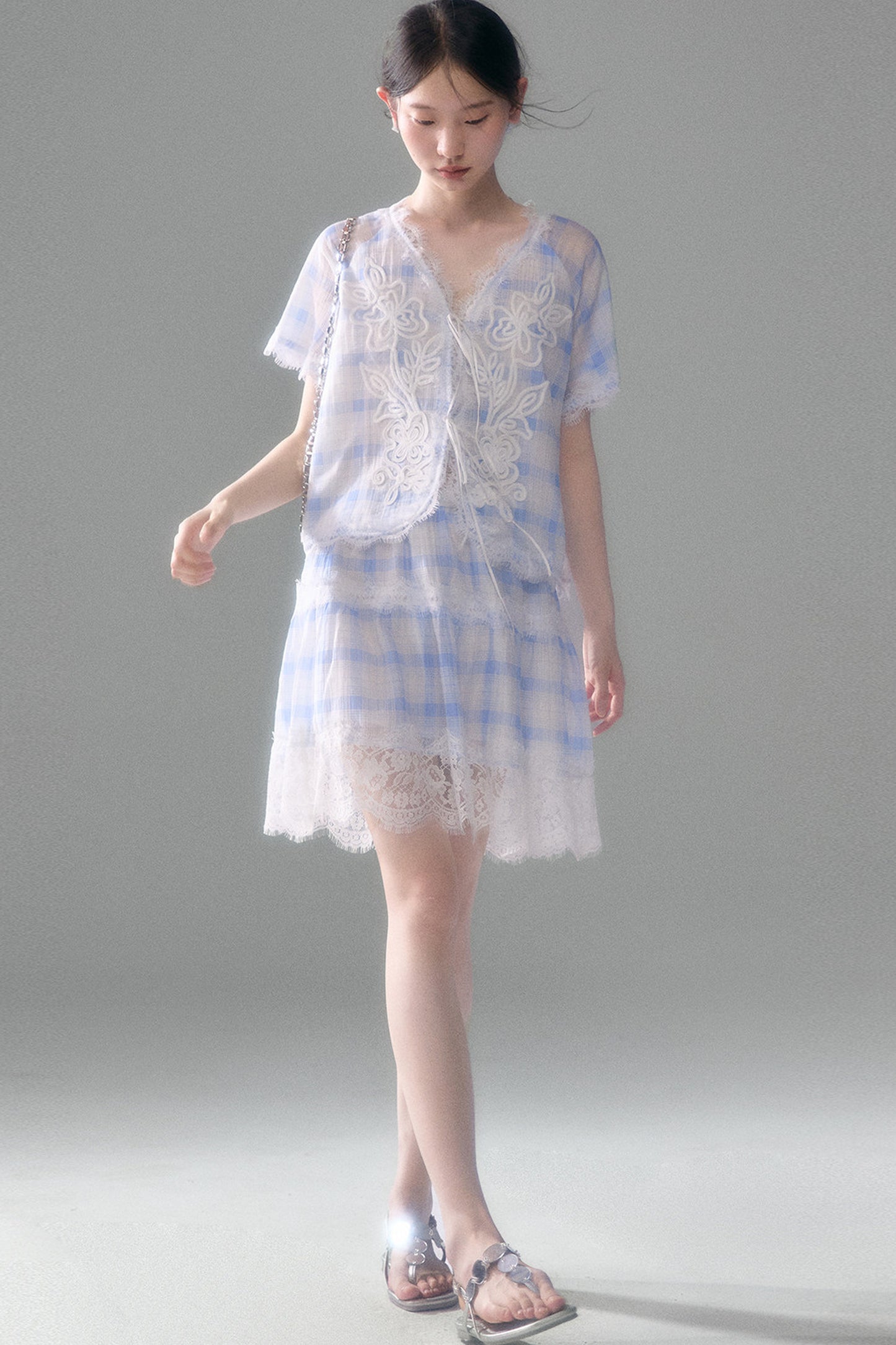 Blue White Checkered Lace Tencel Top Skirt Set-Up