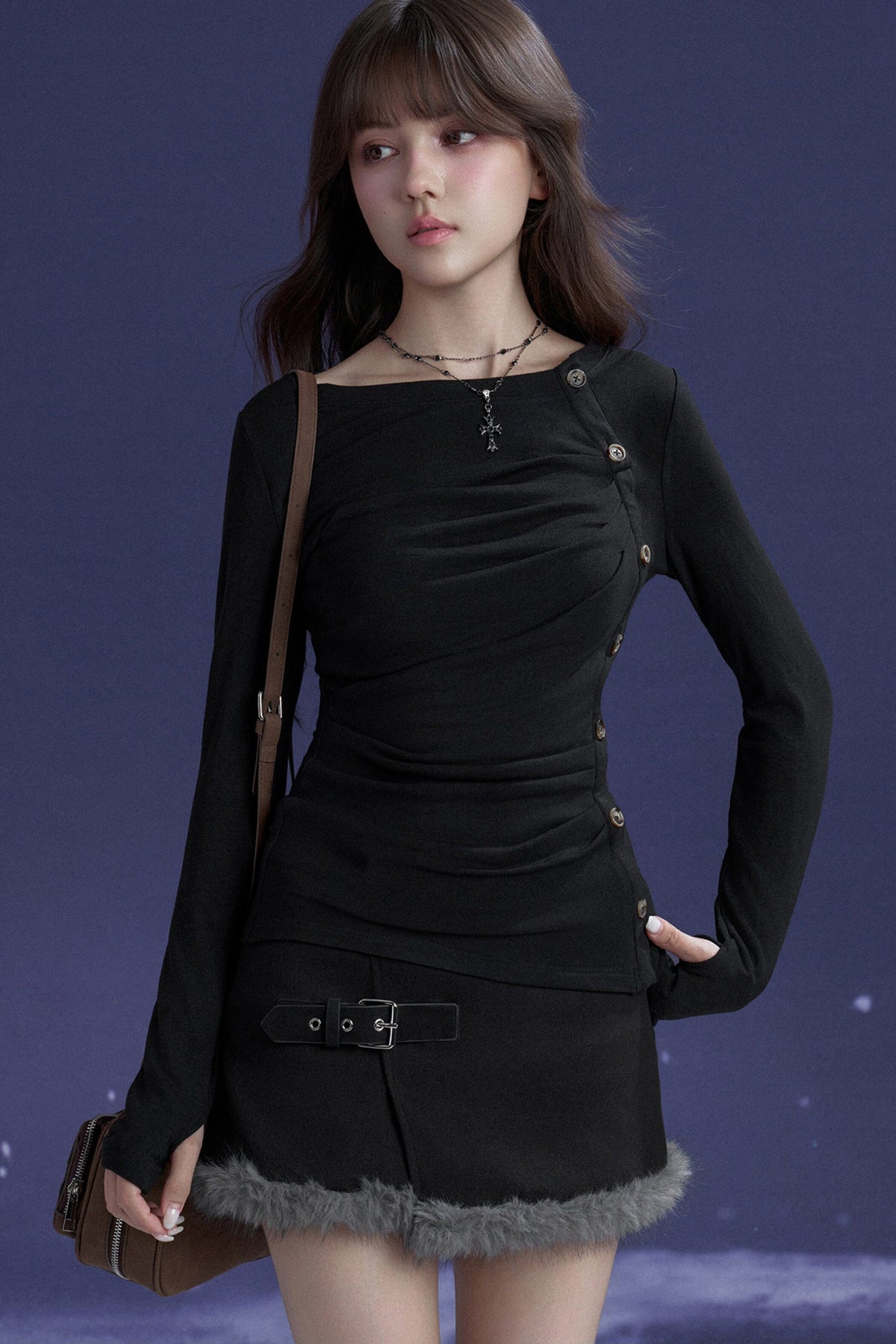 Vertical Wave Button Slim-Fit T-Shirt