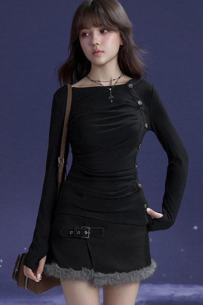 Vertical Wave Button Slim-Fit T-Shirt