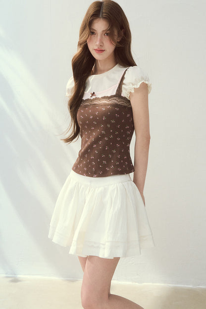 Floral Patchwork Lace Strap Puff Sleeve Top