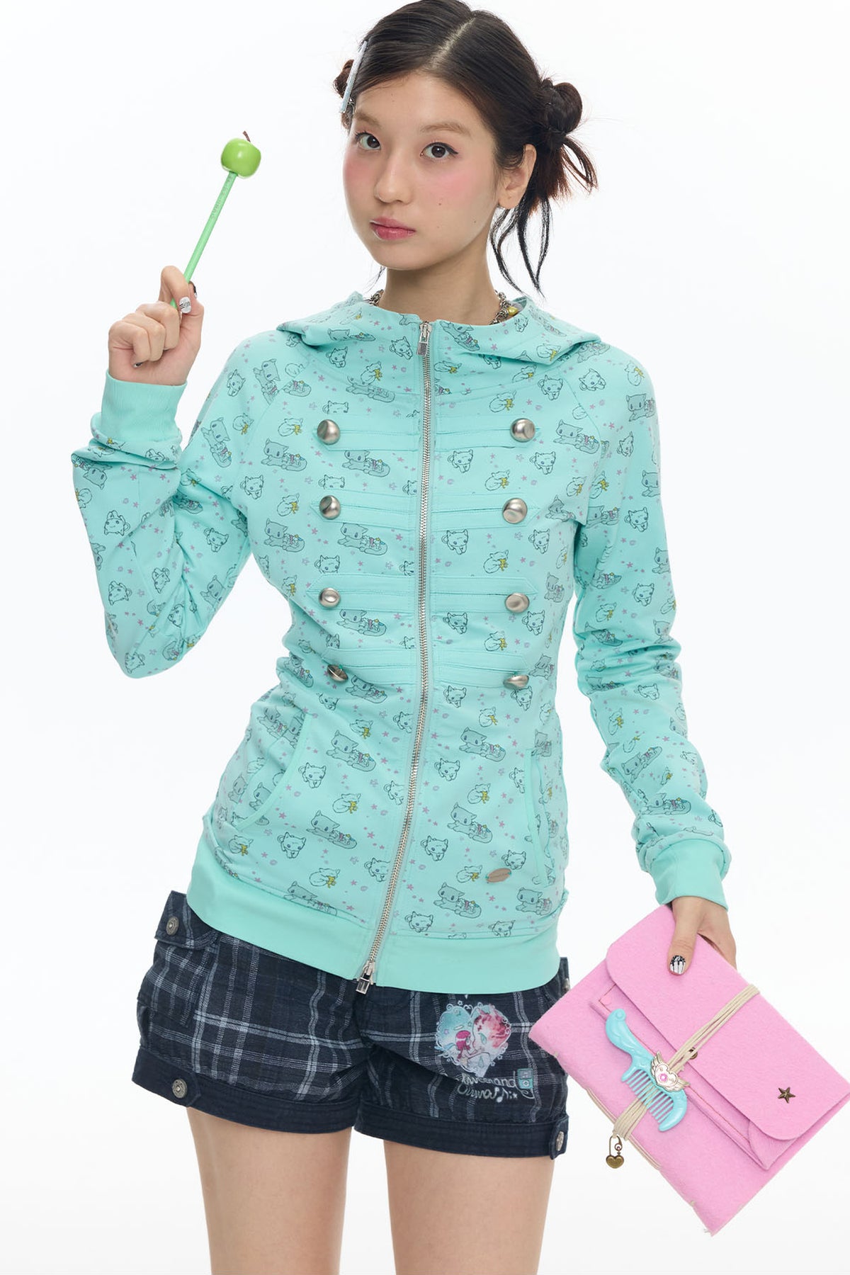 Mint Green Frog Double-Breasted Zipper Jacket