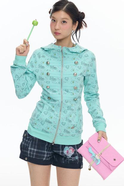 Mint Green Frog Double-Breasted Zipper Jacket