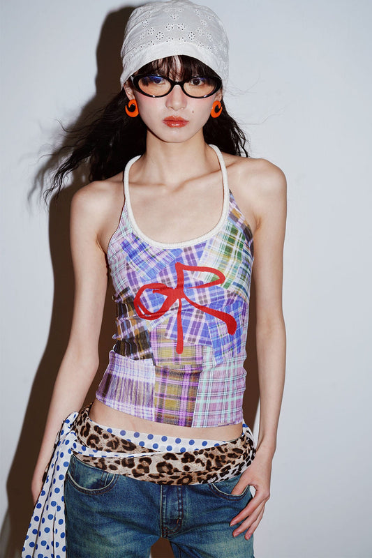Colorblock-Camisole-Top mit Karomuster und Schleife