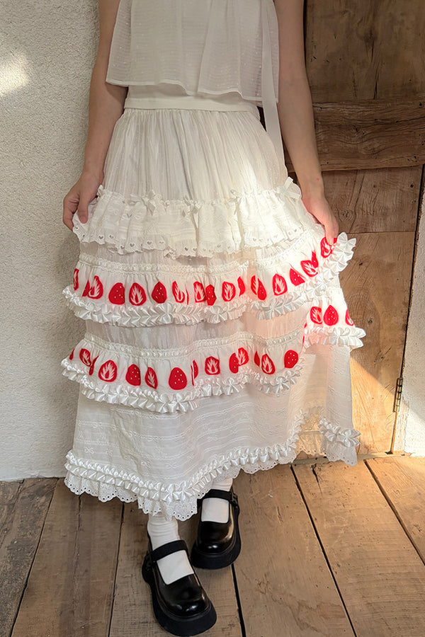 Strawberry Print Lace Tiered Skirt