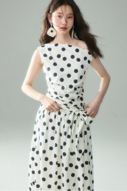 Off-Shoulder Polka Dot Twist Tie Dress