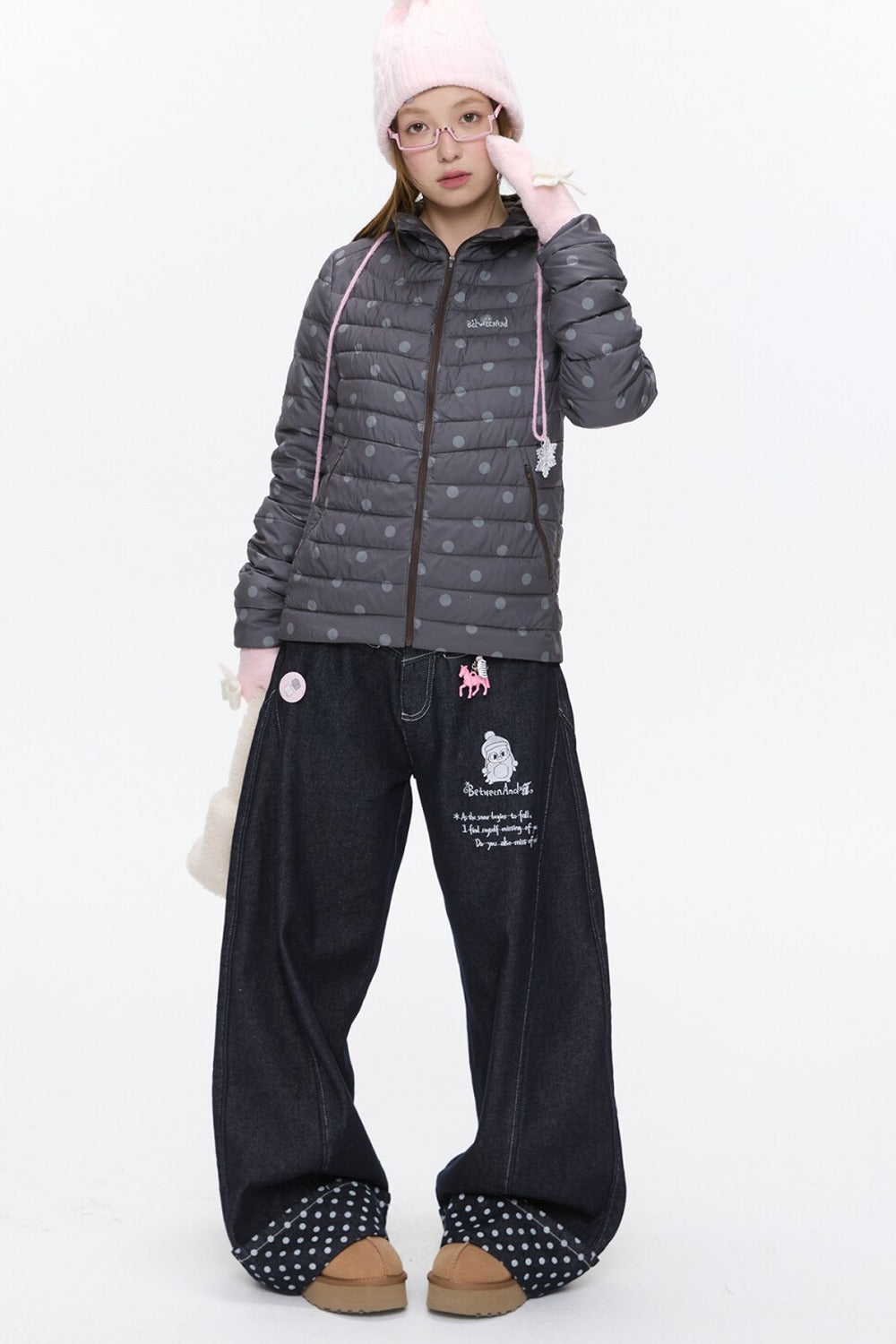 Hooded Ribbed Polka Dot Down Jacket