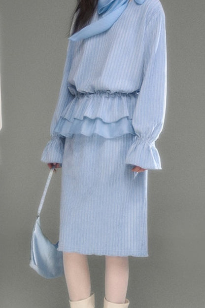 Moonlight Waterfall Long-Sleeve Ribbon Top and Skirt Set-Up