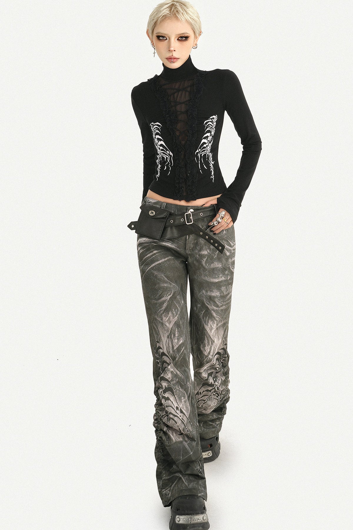 Black Printed Lace Splicing Top and Pants Set-Up