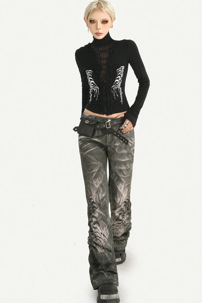Black Printed Lace Splicing Top and Pants Set-Up