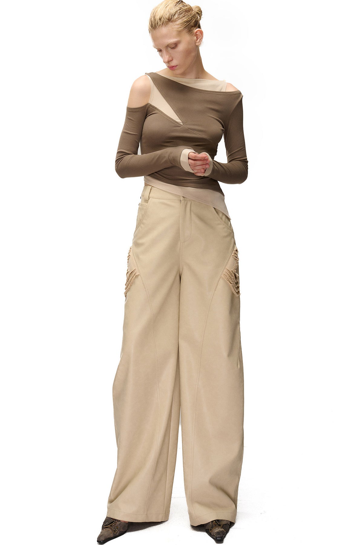 Layered-Look Patchwork Hollow Long-Sleeve T-shirt