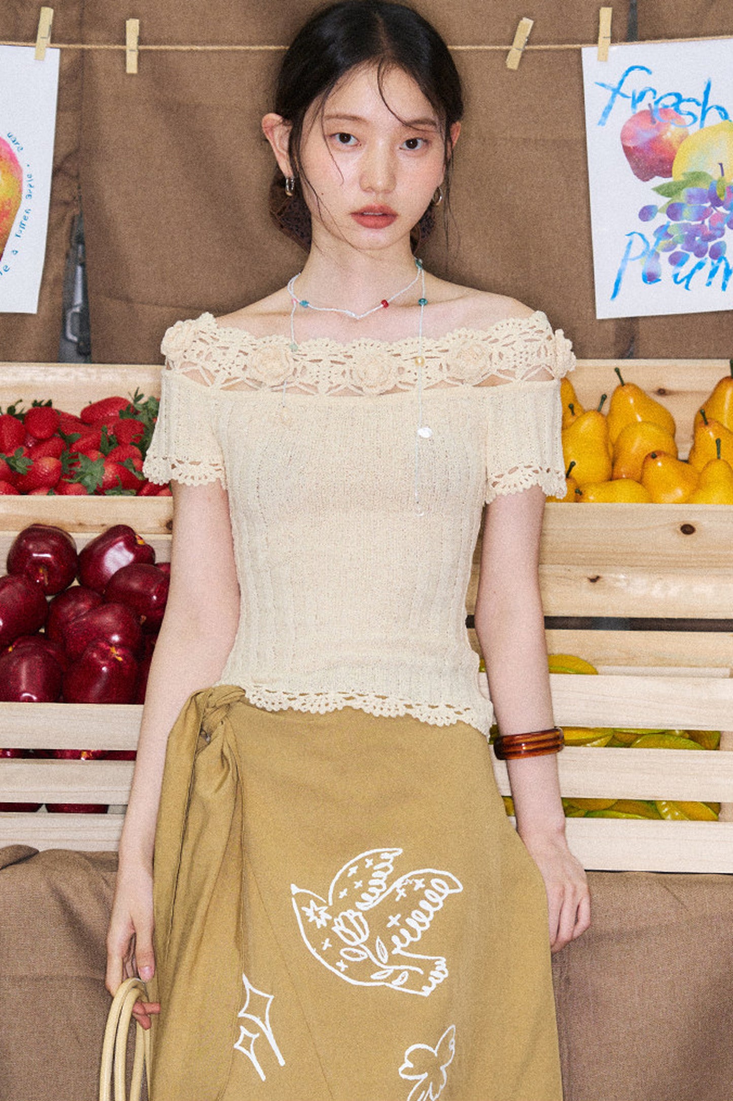 Handmade Crochet Camellia Off-Shoulder Knit Top