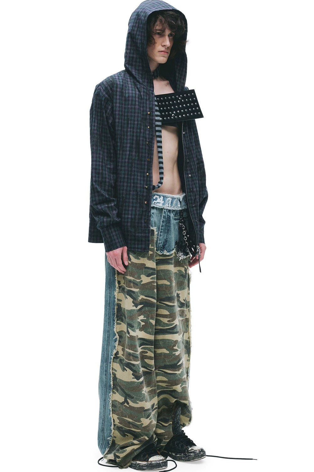 Hooded Distressed Shirt with Rivets