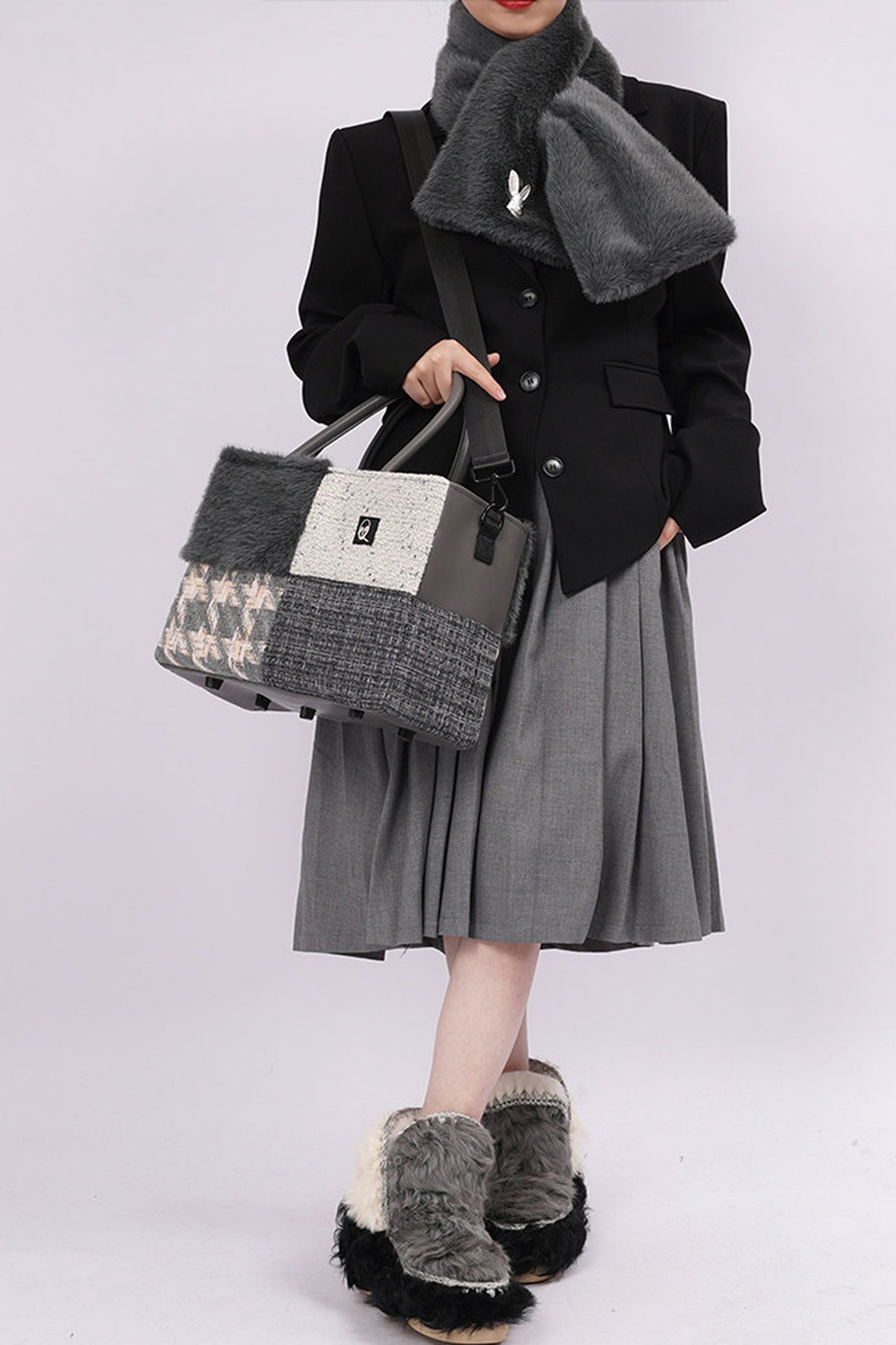 Furry Color-Block Tote Bag