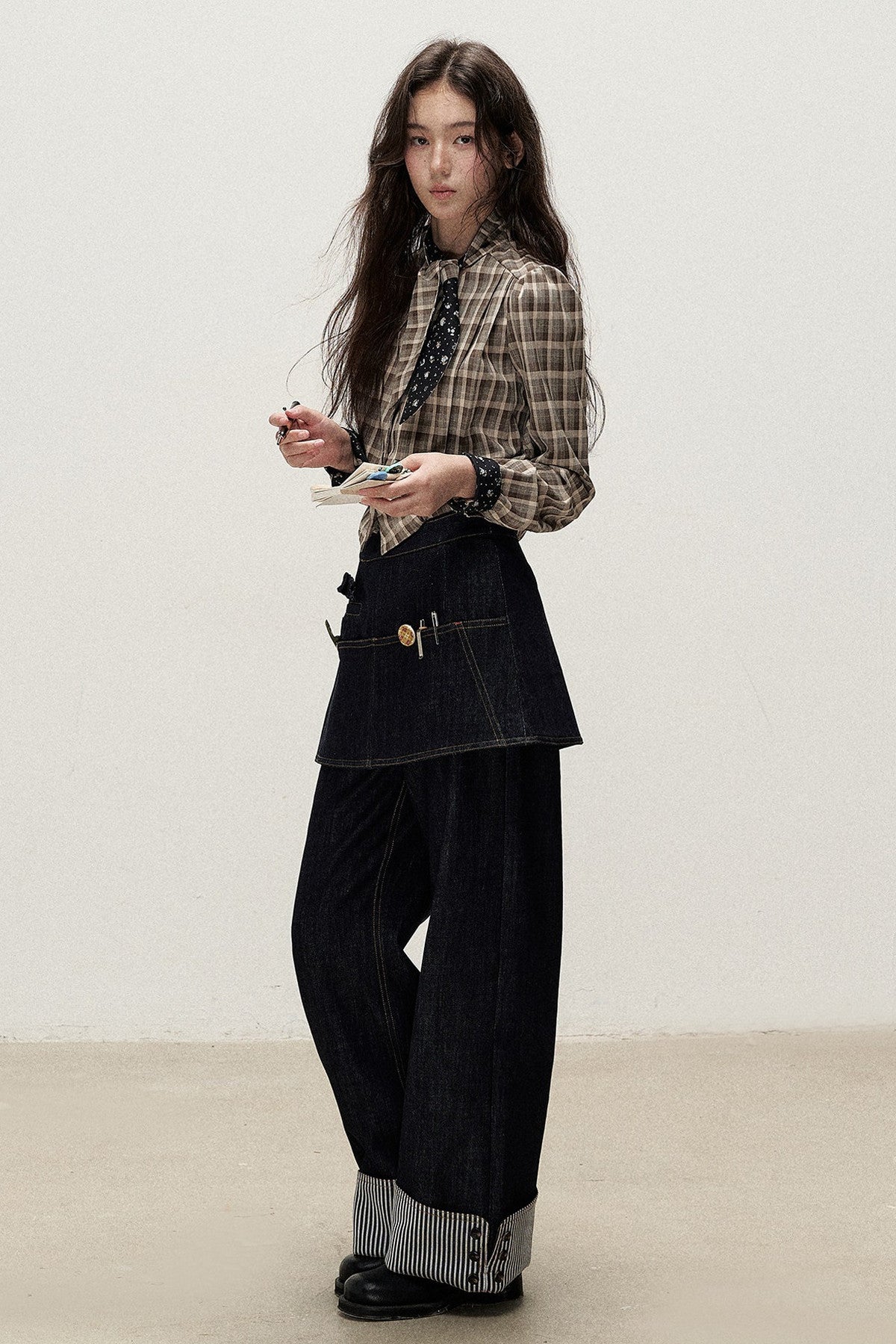 Plaid Contrast Ribbon Shirt and Skirt Set-Up