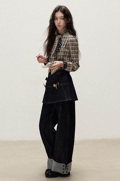 Plaid Contrast Ribbon Shirt and Skirt Set-Up