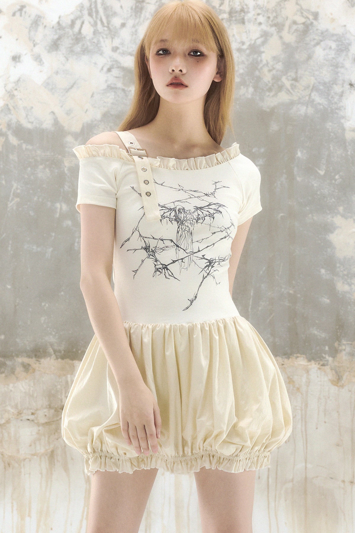 Sweet Cool Thorn Angel Print Off-Shoulder Dress