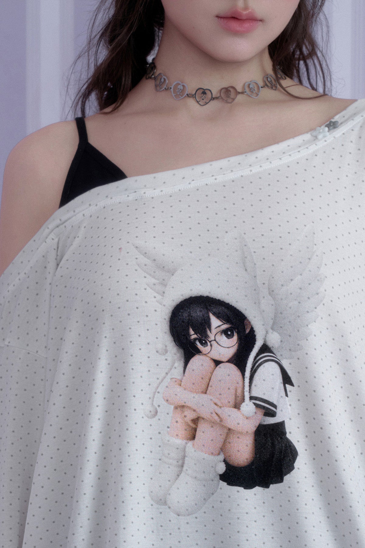 White Star Off-Shoulder Layered-Look T-shirt
