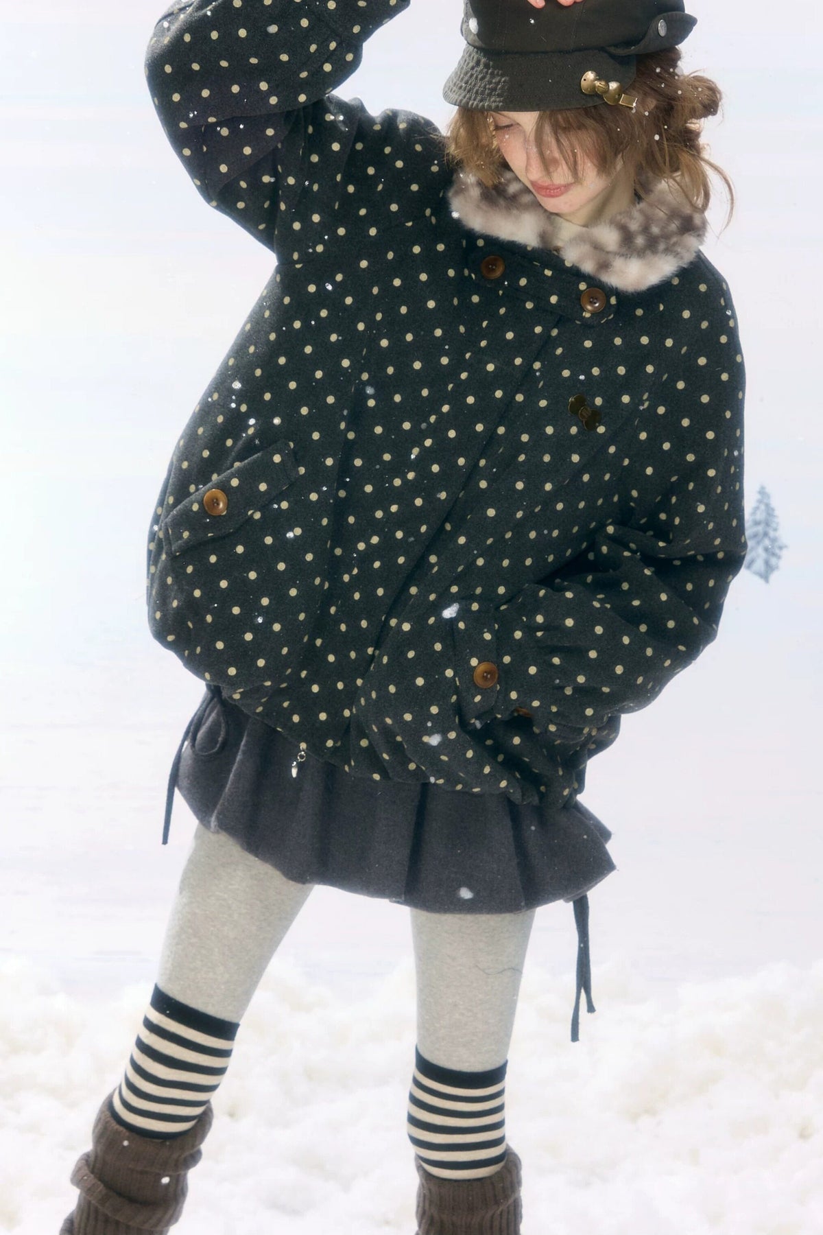 Short Polka Dot Plush Collar Cotton Jacket