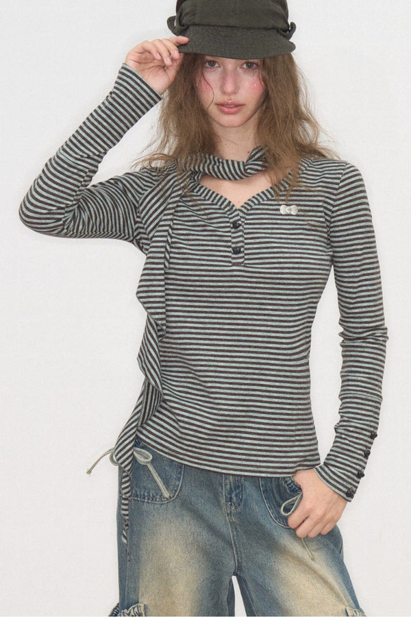 Striped V-Neck Scarf Knit Top