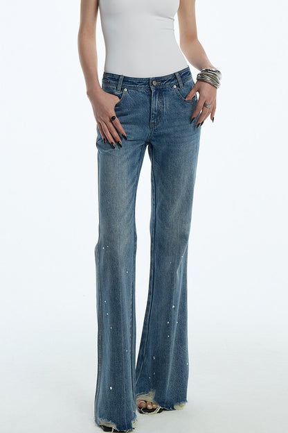 Frayed Hem Washed Blue Rhinestone Micro-Flared Jeans