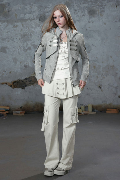 Pleated Skirt Panel Straight-Leg Flared Workwear Pants