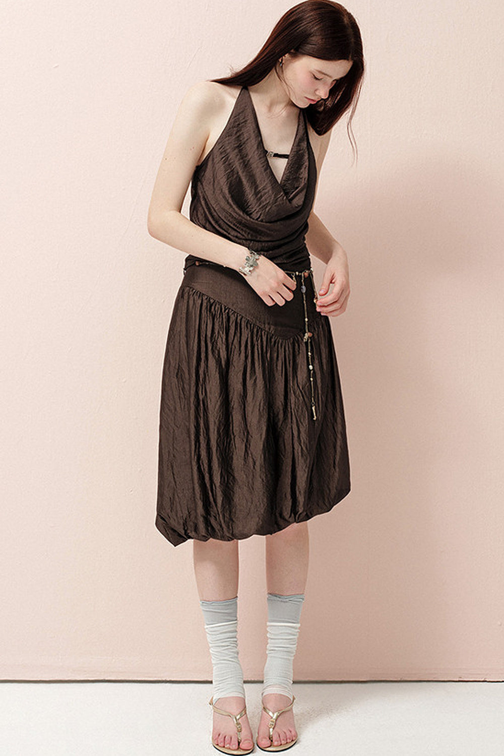 Brown Cowl Neck Camisole and Irregular Skirt Set