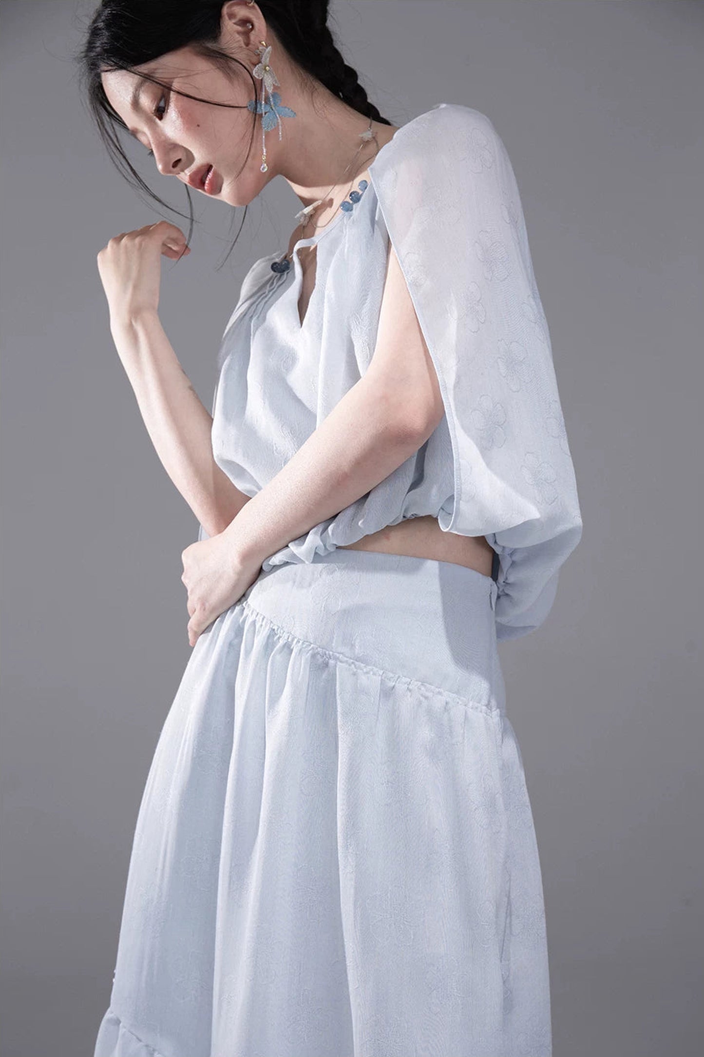 Elegant Ice Blue Linen Cape Set