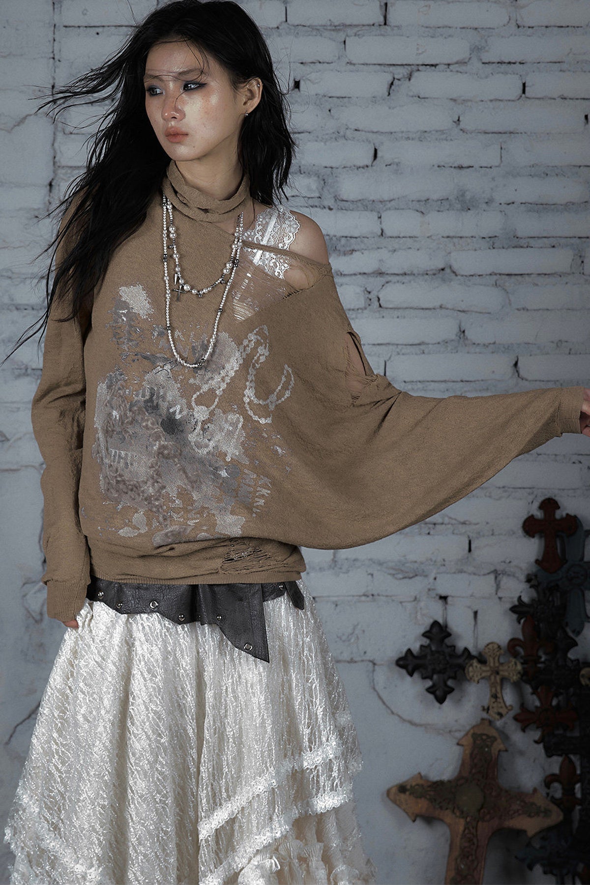 Ripped Off-Shoulder Punk Print Knit Top
